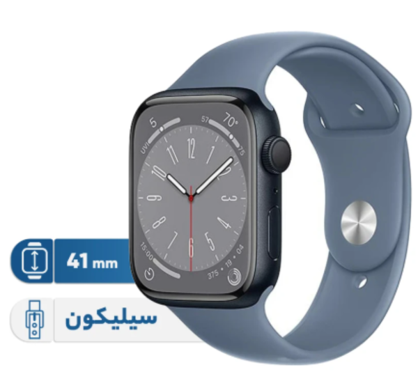 ساعت هوشمند اپل مدل Series 8 Aluminum 41mm، مناسب برای ورزش، رسمی، دارای قابلیت‌های صفحه نمایش رنگی و لمسی، کنترل موسیقی، کنترل سطح اکسیژن خون، قابلیت مکالمه مستقیم، بند سیلیکون، فرم صفحه مربع