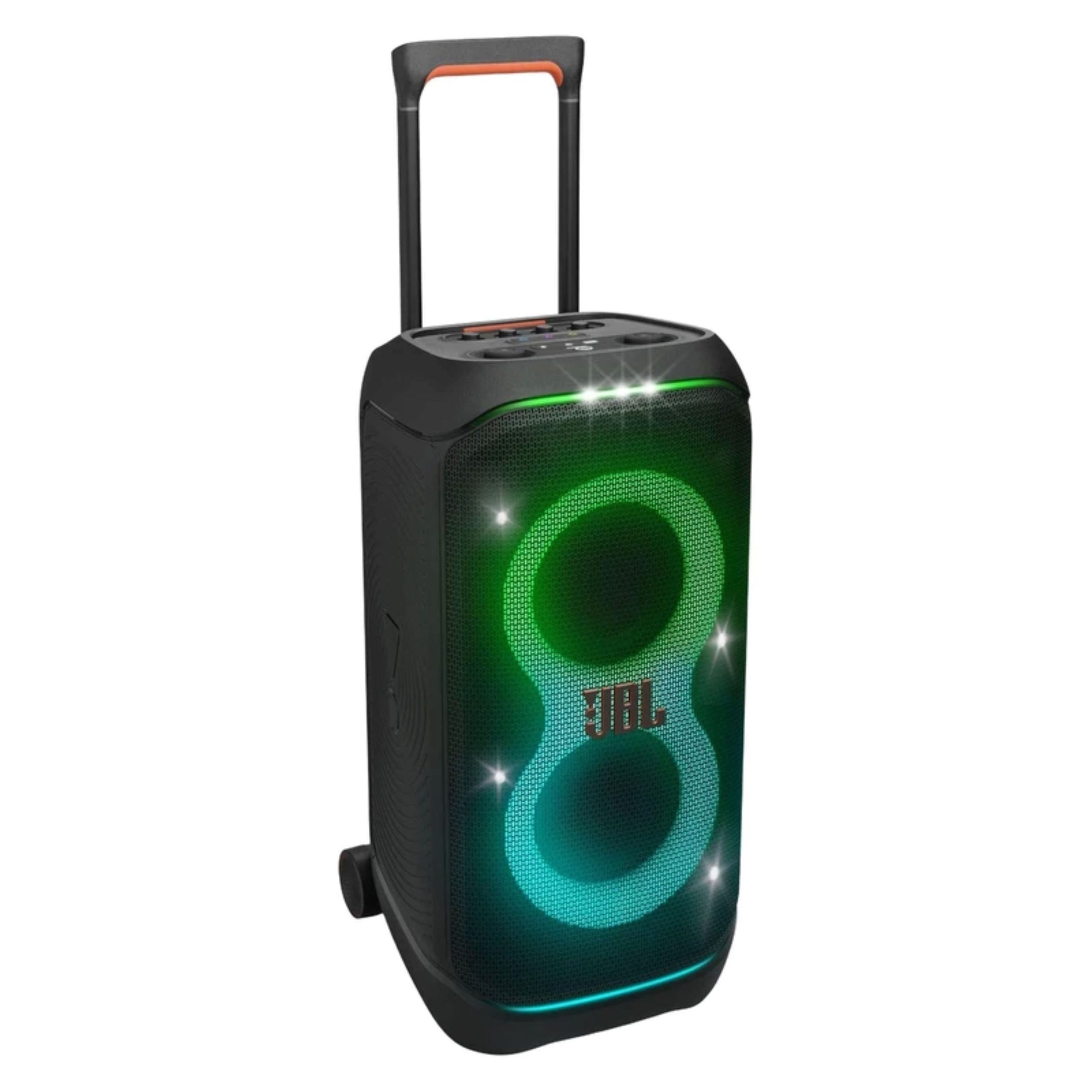 اسپیکر بلوتوثی جی بی ال مدل partybox Stage 320، مدت زمان پخش 18 ساعت، نسخه بلوتوث 5.4، منبع انرژی باتری و برق، نوع باتری لیتیوم یونی، مدت زمان شارژ شدن 3 ساعت، همراه با کابل شارژ، درگاه USB و AUX، شارژ سریع